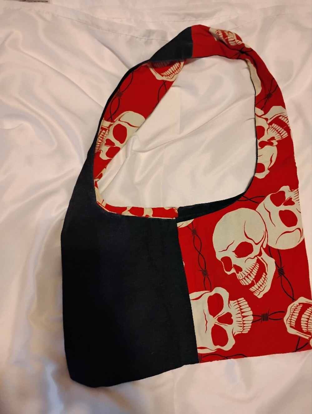 Red Skull Print And Denim Bag